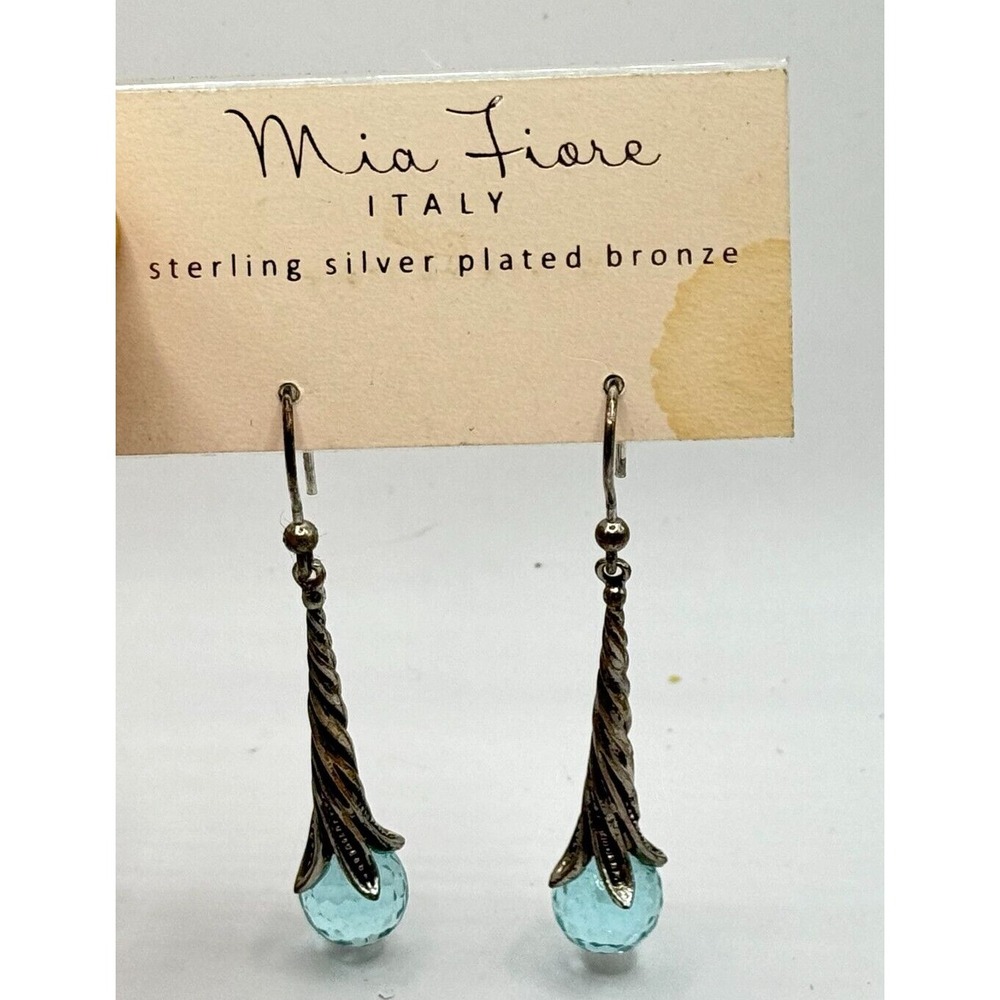 Mia Fiore Sterling Silver Plated Bronze Aqua Crystal Dangle Signed Dyadema Italy